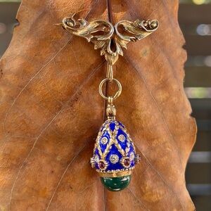 Vintage STER Sterling Silver Vermeil Enamel Faberge Style Egg Dangle Brooch Pin